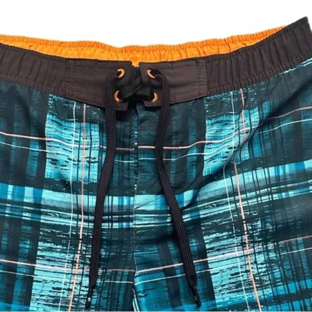 ZEROEXPOSUP ~ Men’s Blue Plaid Swim Shorts with Orange Accents size M